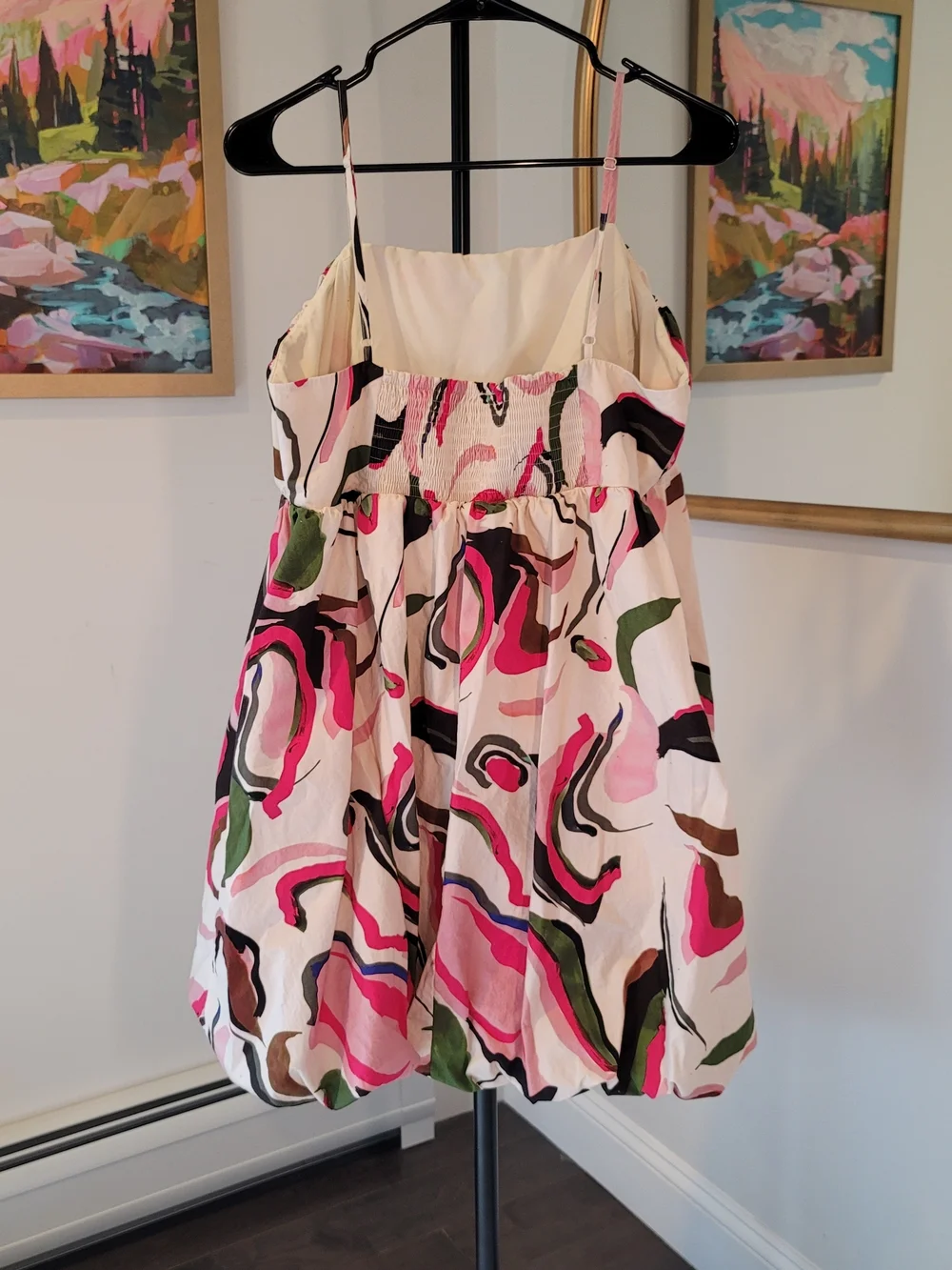 ANTHROPOLOGIE Adjustable Strap Bubble Hem Short Dress Pink Abstract Size XL - Picture 3 of 10